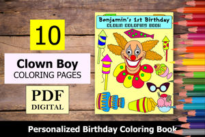 Clown Boy Theme Personalized Birthday Coloring Book