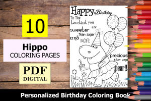 Hippo Theme Personalized Birthday Coloring Book