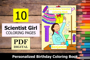 Scientist Girl Theme Personalized Birthday Coloring Book