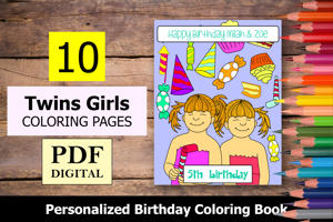 Twins Girls Theme Personalized Birthday Coloring Book