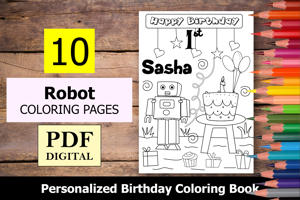 Robot Theme Personalized Birthday Coloring Book