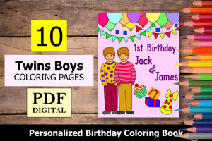 Twins Boys Theme Personalized Birthday Coloring Book