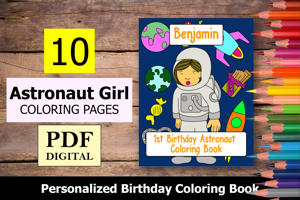 Astronaut Girl Theme Personalized Birthday Coloring Book