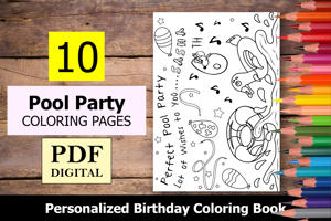 Pool Party Theme Personalized Birthday Coloring Book